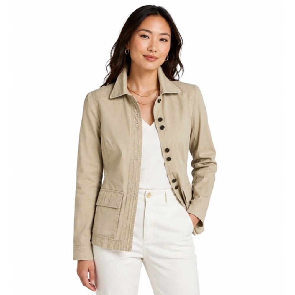 i.e. relaxed Tan Cotton Utility Jacketâ Button Up Field Coat M Preppy Chic 88-17